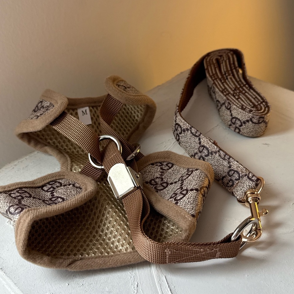 Brown Patterned Pet Harness and Leash Set